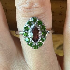 Natural Red Garnet Chrome Diopside Sterling Silver Halo Ring Size 7